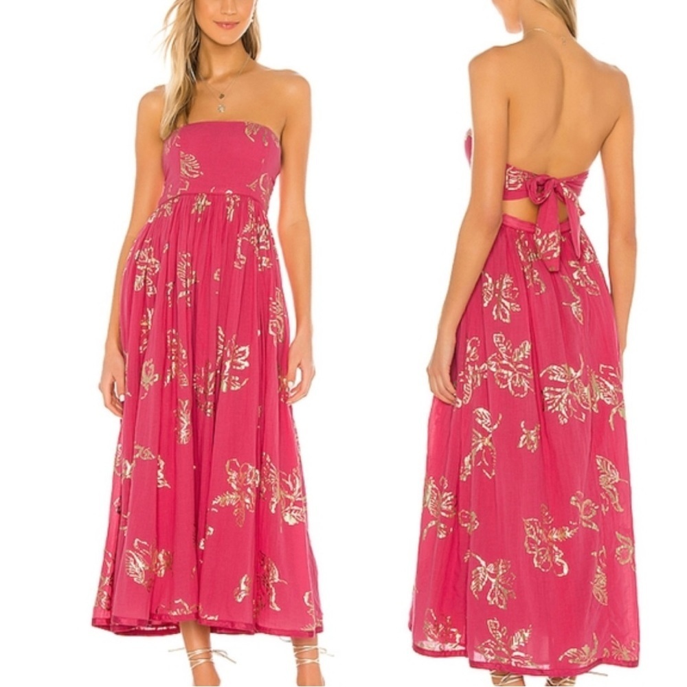 Free People Baja Babe Midi Dress Hot Pink Combo Metallic Gold XL Floral Cotton